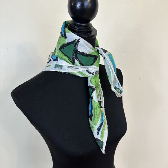 Vtg Womens Neck Head Scarf Geometric Green Blue 21 inch Japan Poly Retro Scarves - Picture 2 of 8
